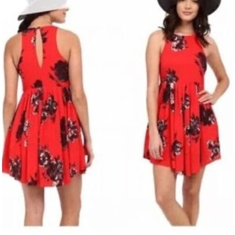 Free People Red Floral Smocked Mini Dress with‎ Tie Back Size Small